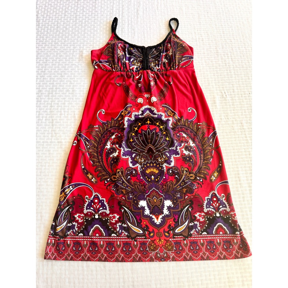 Valerie Bertinelli Boho Paisley Sun Dress Red Purple Braided Straps Size 8
